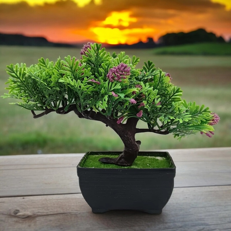 Picture of Artificial Purple Flower Bonsai Plant - Plastic Pot for Home and Office Decoration-Purple