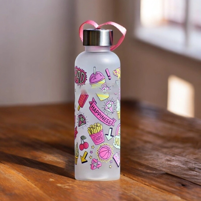 Picture of 8.5 Inch Water Bottle for Kids, School Use, Printed Body, Food-Grade Plastic-Multicolor