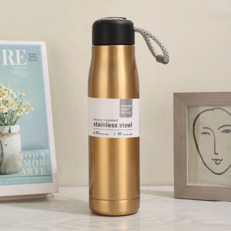 Picture of 304 Stainless Steel 600ml Tumbler, Outdoor Sports Riding Cup, Golden Vacuum Water Bottle with Rope-Gold