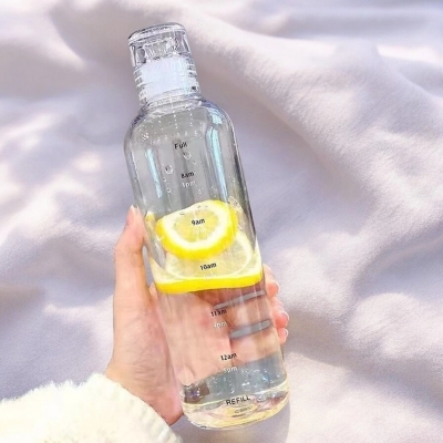 Picture of Glass Water Bottle, 500ml, Large Capacity with Time Marker Cover, Transparent Simple Cup-Clear