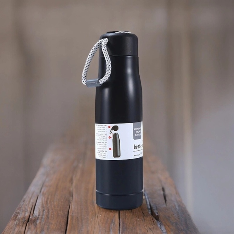 Picture of 304 Stainless Steel 600ml Tumbler, Outdoor Sports Riding Cup, Black Vacuum Water Bottle with Rope-Black