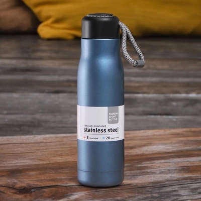 Picture of 600ml Vacuum Sports Water Bottle with Rope – Blue Stainless Steel-Blue