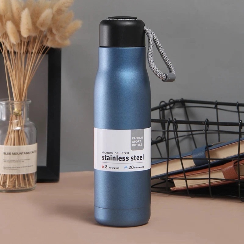 Picture of 600ml Vacuum Sports Water Bottle with Rope – Blue Stainless Steel-Blue