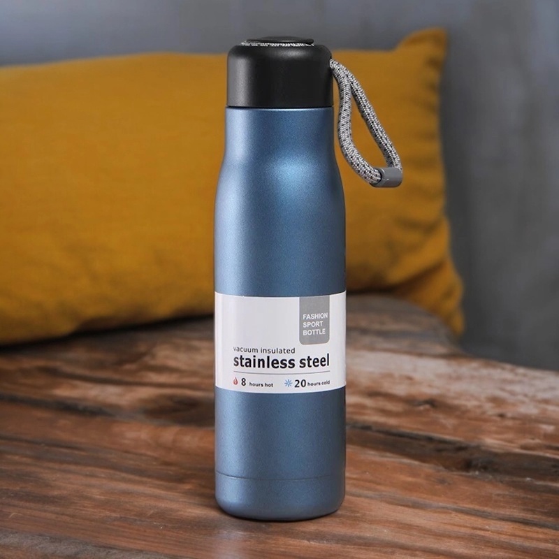 Picture of 600ml Vacuum Sports Water Bottle with Rope – Blue Stainless Steel-Blue