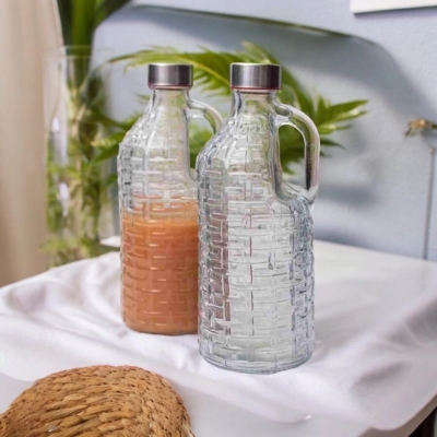 Picture of 1 Liter Clear Glass Milk Bottles Set with Handle and Airtight Cap, Transparent, Set of 1 pcs-Clear