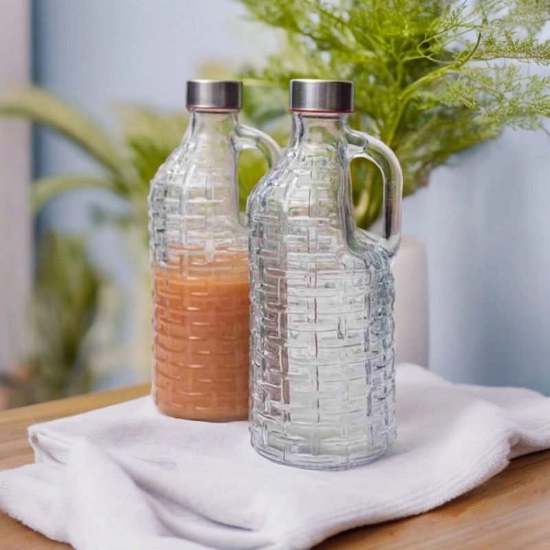 Picture of Clear Glass Milk Bottles with Handle and Airtight Cap, 1 Liter, Set of 1 pcs, Transparent-Clear