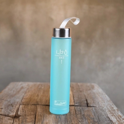 Picture of Multicolor H2O Logo Frosted Water Bottle, Transparent Plastic Cup, Sports Lovers Cup with Stick Rope-Multicolor