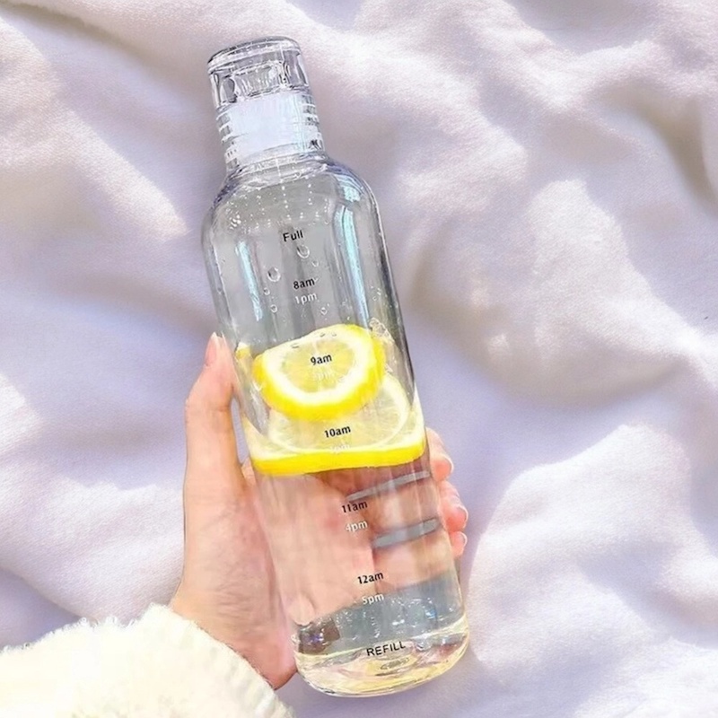 Picture of Transparent Milk Juice Glass Water Bottle, Large Capacity 500ml with Time Marker Cover-Clear