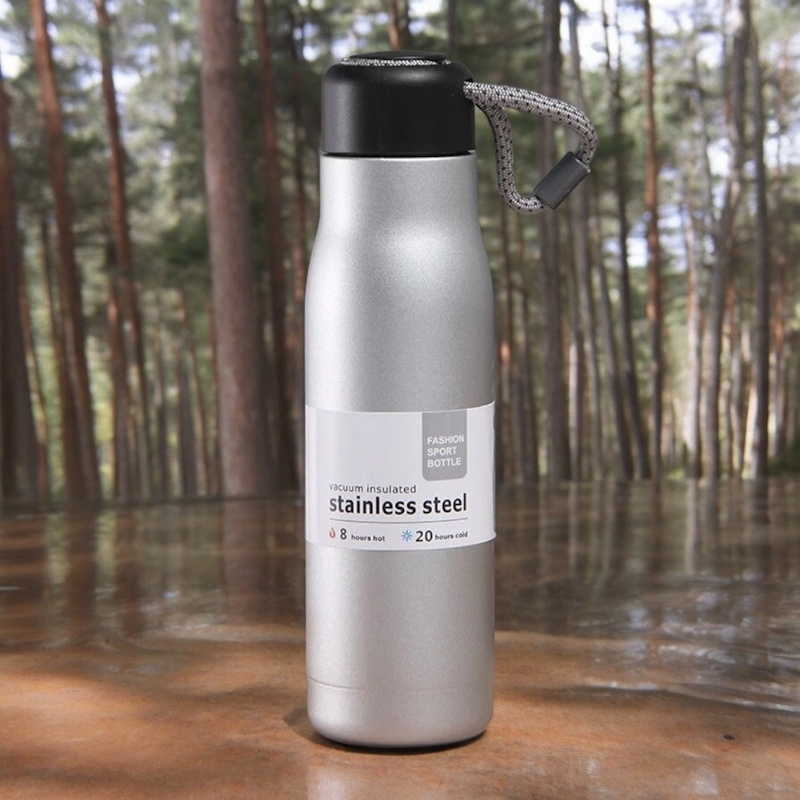 Picture of 600ml Silver Thermal Water Bottle, Outdoor Sports Riding Cup, 304 Tumbler with Lifting Rope-Silver
