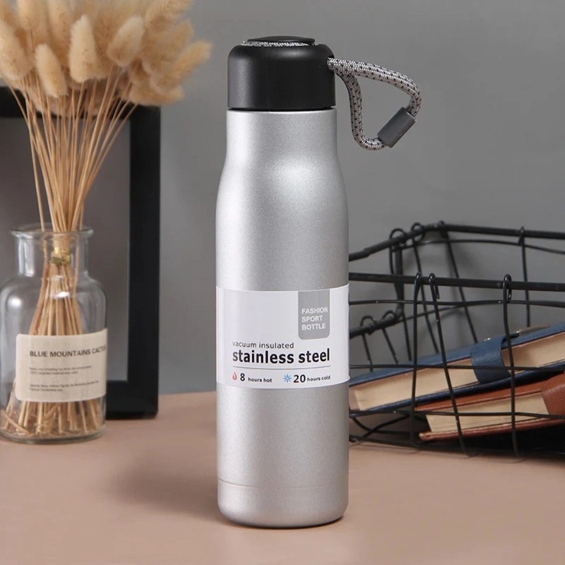 Picture of 600ml Silver Thermal Water Bottle, Outdoor Sports Riding Cup, 304 Tumbler with Lifting Rope-Silver