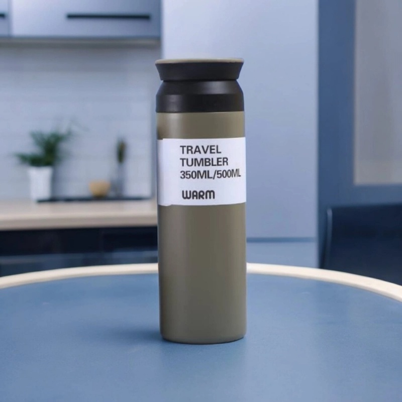 Picture of Portable Thermal Bottle for Outdoor Camping, Hiking, Driving, and Drinking - Grey 1pc 500ml Stainless Steel Vacuum Flask with Leakproof Lid-Green