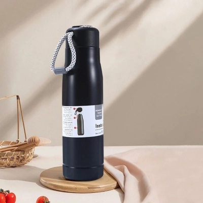 Picture of Black 600ml Outdoor Sports Riding Cup, 1 pcs Vacuum Water Bottle, 304 Stainless Steel Tumbler with Rope-Black