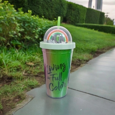 Picture of Glitter Sipper with Straw, 350 ml, Pack of 1, Green Plastic-Green