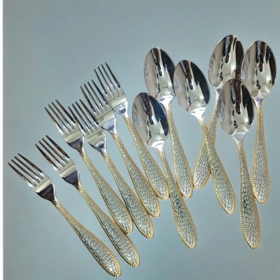Picture of AYD-12pcs stainless steel fork spoon mirror polish spoon include 6 pcs tea and 6 pcs fork spoon non-magnet tea spoon for best option desirt 12cm long golden design print(12pcs set)-Silver