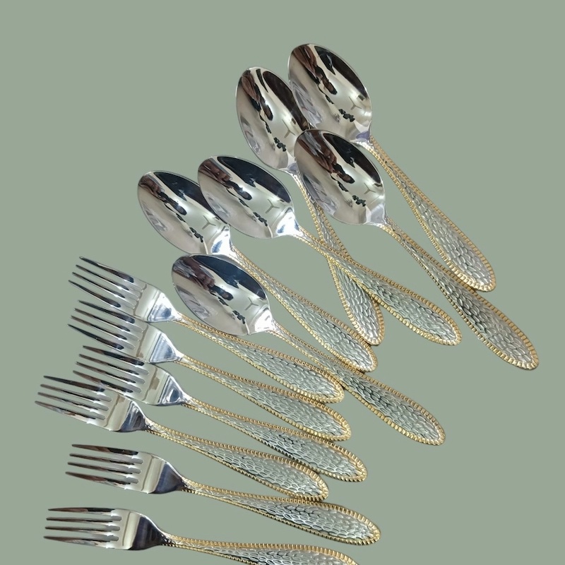 Picture of AYD-12pcs stainless steel fork spoon mirror polish spoon include 6 pcs tea and 6 pcs fork spoon non-magnet tea spoon for best option desirt 12cm long golden design print(12pcs set)-Silver
