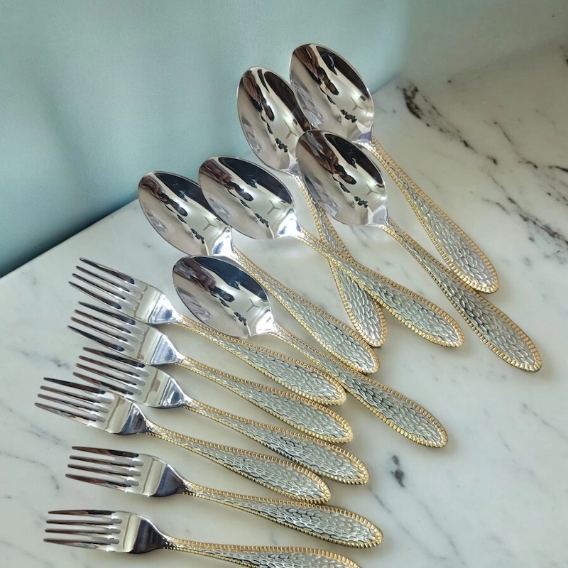 Picture of AYD-12pcs stainless steel fork spoon mirror polish spoon include 6 pcs tea and 6 pcs fork spoon non-magnet tea spoon for best option desirt 12cm long golden design print(12pcs set)-Silver