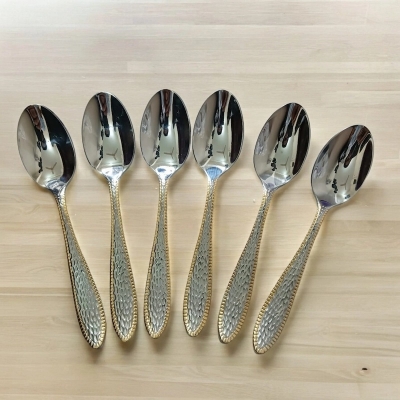 Picture of AYD-6pcs stainless steel Tea spoon mirror polish spoon nonmagnet tea spoon for best option desirt 12cm long golden design print(6pcs set)-Silver