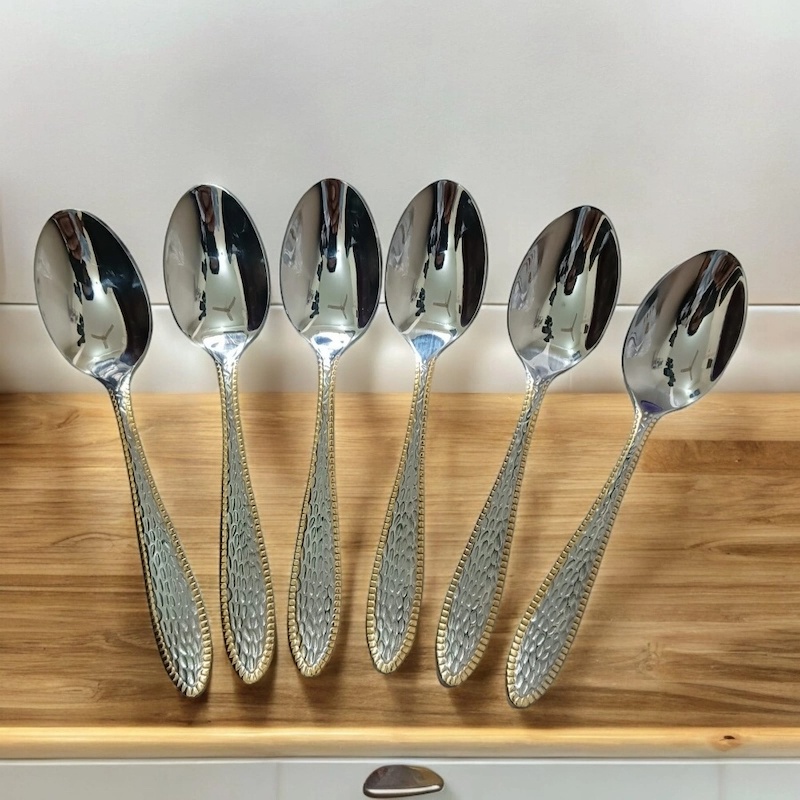 Picture of AYD-6pcs stainless steel Tea spoon mirror polish spoon nonmagnet tea spoon for best option desirt 12cm long golden design print(6pcs set)-Silver