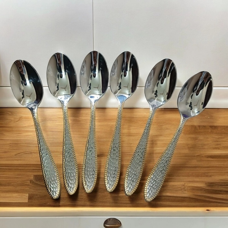 Picture of AYD-6pcs stainless steel Tea spoon mirror polish spoon nonmagnet tea spoon for best option desirt 12cm long golden design print(6pcs set)-Silver