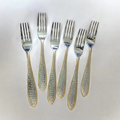 Picture of AYD-6pcs stainless steel fork spoon mirror polish spoon nonmagnet tea spoon for best option desirt 12cm long golden design print(6pcs set)-Silver