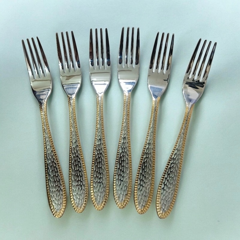 Picture of AYD-6pcs stainless steel fork spoon mirror polish spoon nonmagnet tea spoon for best option desirt 12cm long golden design print(6pcs set)-Silver