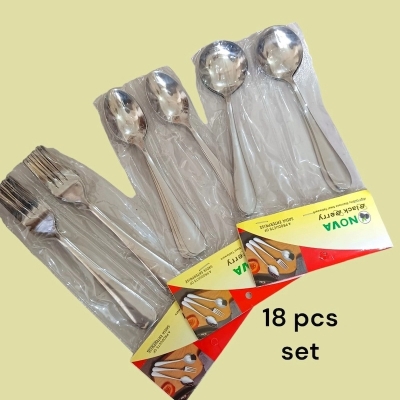 Picture of Nova-18pcs stainless steel spoon set 6 pcs round sup spoon, 6 pcs Tea spoon and 6 pcs fork spoon combo pake of 18 silver color mirror polish spoon 15cm long heavy spoon dishware save easy to clean (18pcs set)-Silver