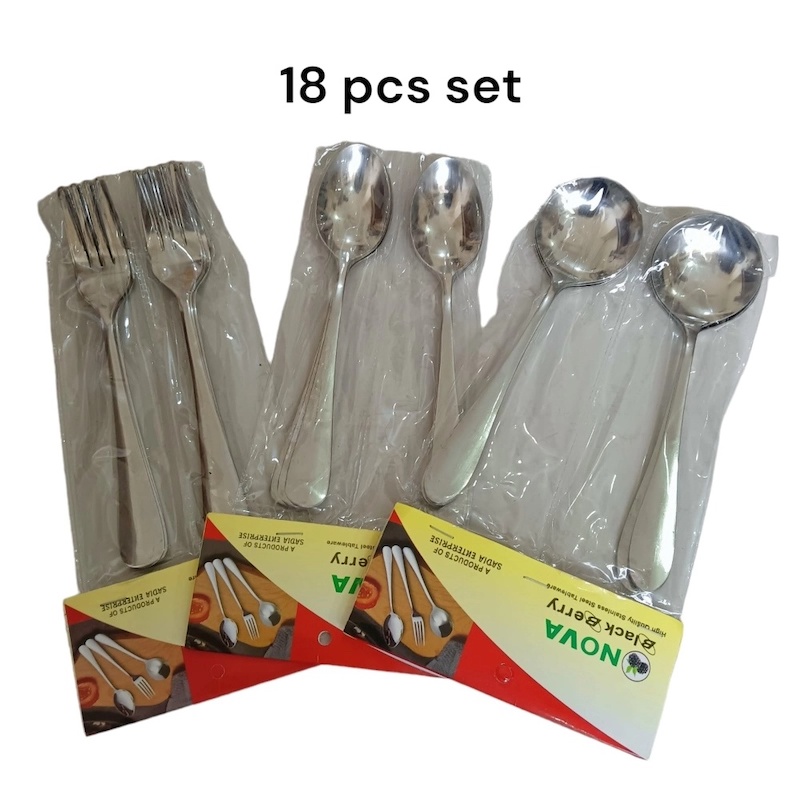 Picture of Nova-18pcs stainless steel spoon set 6 pcs round sup spoon, 6 pcs Tea spoon and 6 pcs fork spoon combo pake of 18 silver color mirror polish spoon 15cm long heavy spoon dishware save easy to clean (18pcs set)-Silver