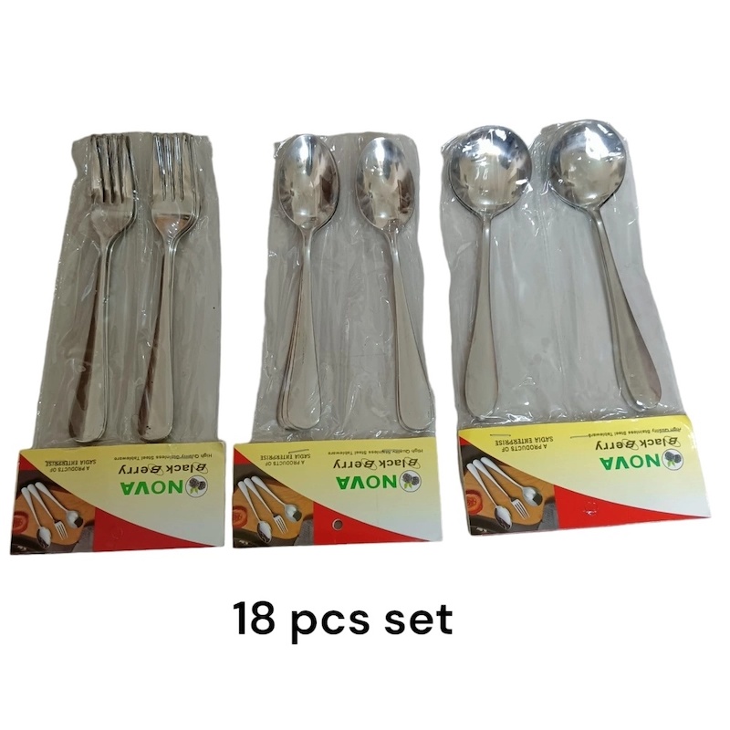 Picture of Nova-18pcs stainless steel spoon set 6 pcs round sup spoon, 6 pcs Tea spoon and 6 pcs fork spoon combo pake of 18 silver color mirror polish spoon 15cm long heavy spoon dishware save easy to clean (18pcs set)-Silver
