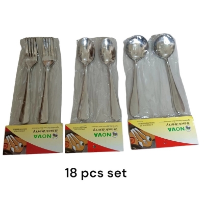 Picture of Nova-18pcs stainless steel spoon set 6 pcs round sup spoon, 6 pcs Tea spoon and 6 pcs fork spoon combo pake of 18 silver color mirror polish spoon 15cm long heavy spoon dishware save easy to clean (18pcs set)-Silver