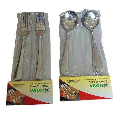 Picture of Nova-12pcs stainless steel spoon set 6 pcs round sup spoon and 6 pcs fork spoon combo pake of 12 silver color mirror polish spoon 15cm long heavy spoon dishware save easy to clean (12pcs set)-Silver