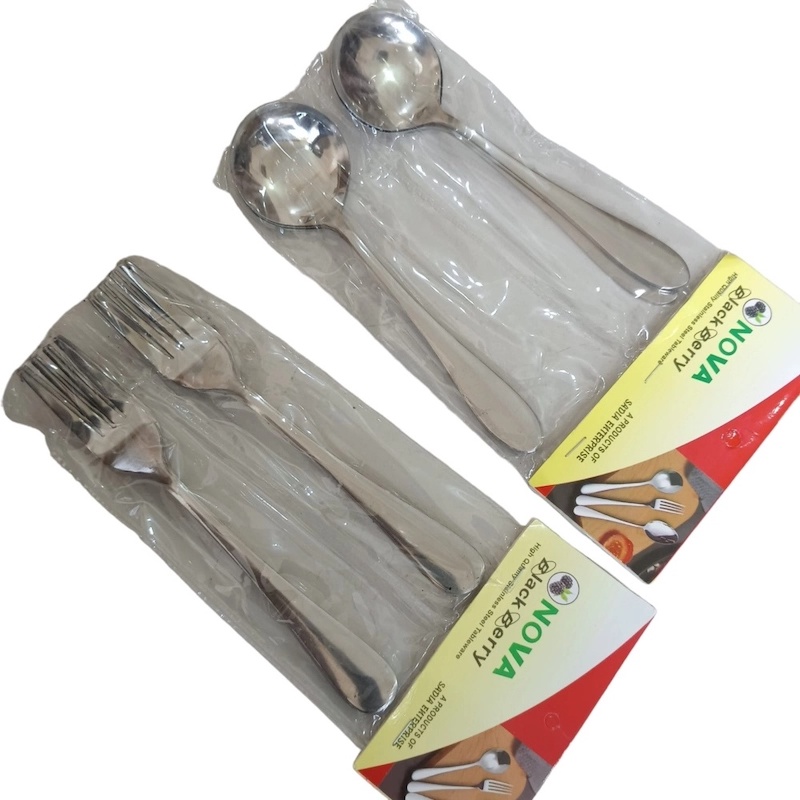 Picture of Nova-12pcs stainless steel spoon set 6 pcs round sup spoon and 6 pcs fork spoon combo pake of 12 silver color mirror polish spoon 15cm long heavy spoon dishware save easy to clean (12pcs set)-Silver