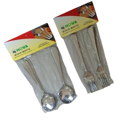 Picture of Nova-12pcs stainless steel spoon set 6 pcs round sup spoon and 6 pcs fork spoon combo pake of 12 silver color mirror polish spoon 15cm long heavy spoon dishware save easy to clean (12pcs set)-Silver