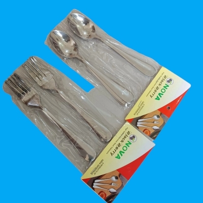 Picture of 12 pcs set Nova-Spoon Stainless Steel mirror polish Shiny silver color tea and fork Spoons Silverware, include set 6 pcs tea spoon and 6 pcs fork spoon silver Tea and fork Spoon Set Sturdy Easy to Clean, Dishwasher Safe-Silver