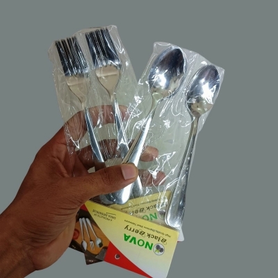 Picture of 12 pcs set Nova-Spoon Stainless Steel mirror polish Shiny silver color tea and fork Spoons Silverware, include set 6 pcs tea spoon and 6 pcs fork spoon silver Tea and fork Spoon Set Sturdy Easy to Clean, Dishwasher Safe-Silver