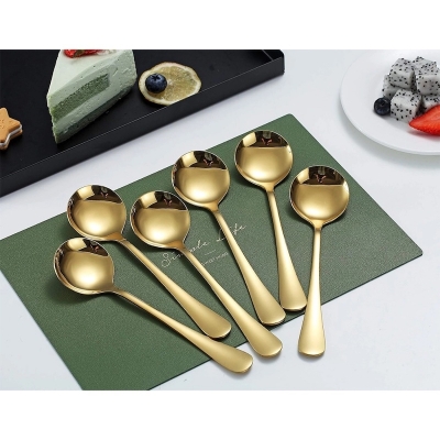 Picture of Gold Soup Spoon of 6, Berglander 7.5  Stainless Steel Titanium Plating Shiny Golden Round Spoons Silverware, Gold Table Spoon Table Spoon Set Sturdy Easy to Clean, Dishwasher Safe-Gold