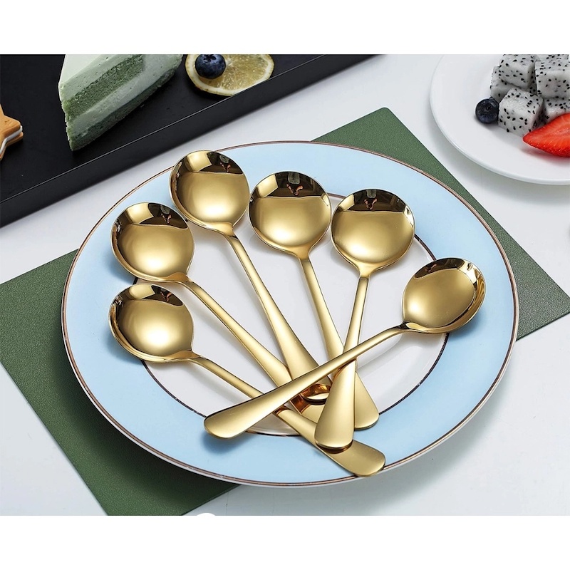 Picture of Gold Soup Spoon of 6, Berglander 7.5  Stainless Steel Titanium Plating Shiny Golden Round Spoons Silverware, Gold Table Spoon Table Spoon Set Sturdy Easy to Clean, Dishwasher Safe-Gold