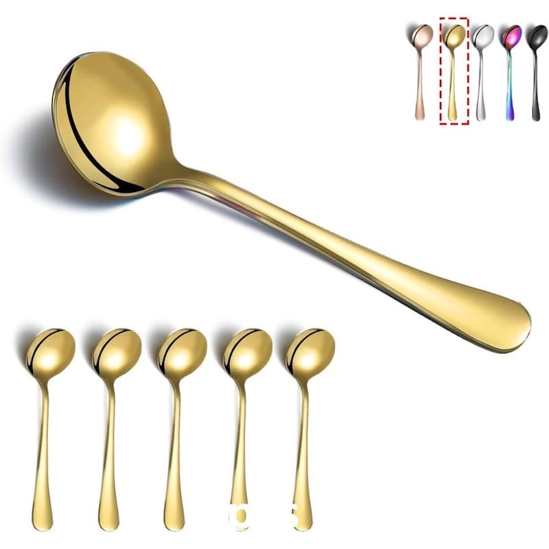 Picture of Gold Soup Spoon of 6, Berglander 7.5  Stainless Steel Titanium Plating Shiny Golden Round Spoons Silverware, Gold Table Spoon Table Spoon Set Sturdy Easy to Clean, Dishwasher Safe-Gold