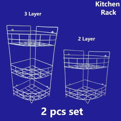 Picture of 2 pcs set, 1 pc 3 Step and 1 pc 2 step Hanging Corner Storage Rack Organizer Kitchen Rack Furniture Space Savers - Maximize Space with This 3-Step Hanging Corner Storage Rack, made is high quality iron stick white colour combo pack-White