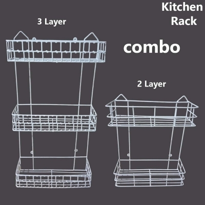 Picture of 2 pcs set, 1 pcs 3 Step and 1 pcs 2 step square shape Walls For The Kitchen Hanging Rack - Optimize Your Kitchen Storage With This square shape Hanging Rack made is high quality iron stick white colour, made is high quality iron stick white colour combo p-White