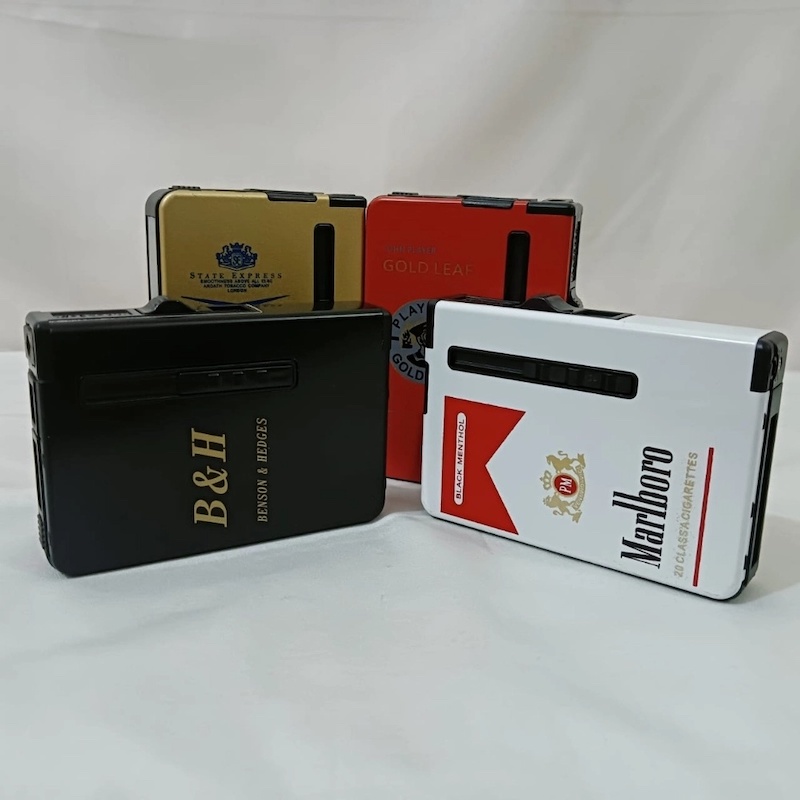 Picture of 1 pcs Gas Lighter Inside Cigaarette Box Case Cigaarette Holder Automatic Storage Box golden stat express 4 color and design available-Black
