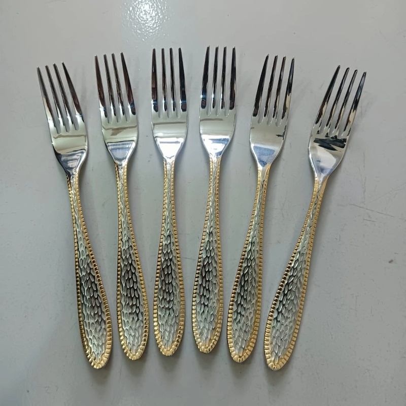 Picture of 6 pcs golden and silver colour mix fork spoon non magnet Stainless Steel fork spoon 6 pcs fork spoon Small Fruit spoon Stainless Steel Moon Cake fork spoon Set For home and Restaurant-Silver