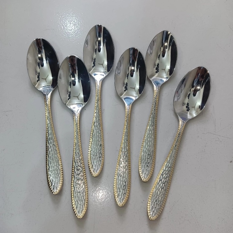 Picture of 6 pcs golden and silver colour mix tea spoon non magnet Stainless Steel tea spoon 6 pcs tea spoon Small Fruit spoon Stainless Steel Moon Cake tea spoon Set For home and Restaurant-Silver