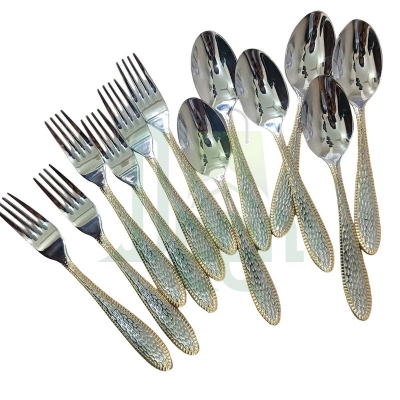 Picture of 12 pcs golden and silver colour tea and fork non magnet mix Stainless Steel tea and fork spoon 6 pcs tea and 6 pcs fork spoon Small Fruit spoon Stainless Steel Moon Cake tea spoon Set For home and Restaurant-Silver