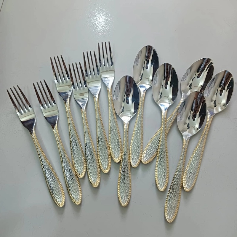 Picture of 12 pcs golden and silver colour tea and fork non magnet mix Stainless Steel tea and fork spoon 6 pcs tea and 6 pcs fork spoon Small Fruit spoon Stainless Steel Moon Cake tea spoon Set For home and Restaurant-Silver