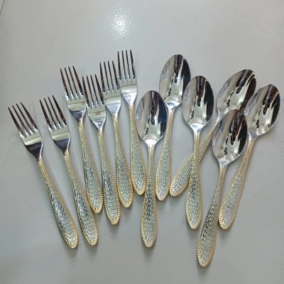 Picture of 12 pcs golden and silver colour tea and fork non magnet mix Stainless Steel tea and fork spoon 6 pcs tea and 6 pcs fork spoon Small Fruit spoon Stainless Steel Moon Cake tea spoon Set For home and Restaurant-Silver