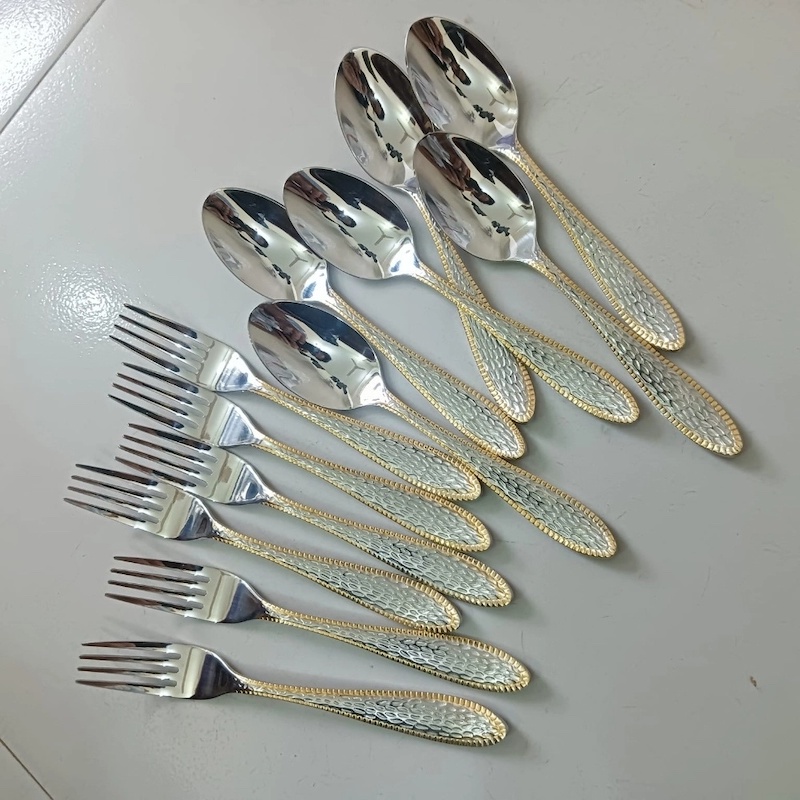 Picture of 12 pcs golden and silver colour tea and fork non magnet mix Stainless Steel tea and fork spoon 6 pcs tea and 6 pcs fork spoon Small Fruit spoon Stainless Steel Moon Cake tea spoon Set For home and Restaurant-Silver