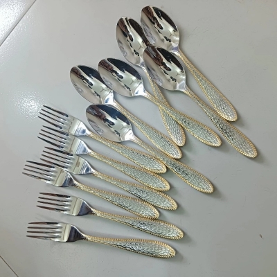 Picture of 12 pcs golden and silver colour tea and fork non magnet mix Stainless Steel tea and fork spoon 6 pcs tea and 6 pcs fork spoon Small Fruit spoon Stainless Steel Moon Cake tea spoon Set For home and Restaurant-Silver