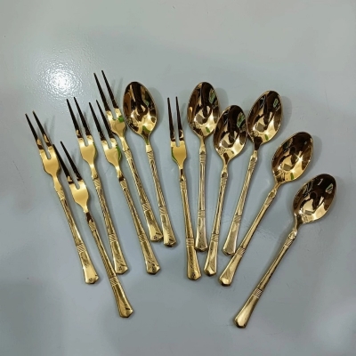 Picture of 12 pcs golden colour Stainless Steel tea and Fork Small Fruit Fork Stainless Steel Moon Cake Fork Set For home and Restaurant-Gold
