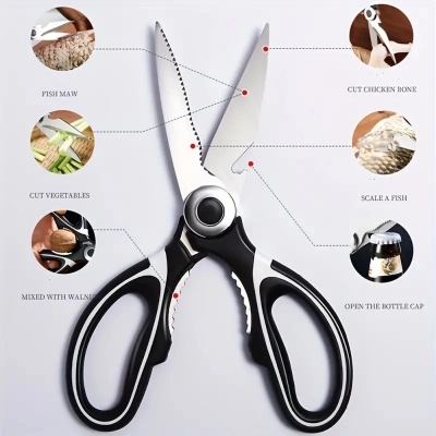 Picture of Stainless Steel Multifunctional Kitchen Scissors - Ambidextrous Heavy-Duty Food Scissors for Chicken Bones, Fish, Vegetables, and Bottle Cap Opener - Panda Design, No Battery Required-Silver