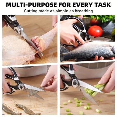 Picture of Stainless Steel Multifunctional Kitchen Scissors - Ambidextrous Heavy-Duty Food Scissors for Chicken Bones, Fish, Vegetables, and Bottle Cap Opener - Panda Design, No Battery Required-Silver